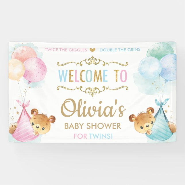 Bears Twins Boy Girl Baby Shower Welcome Backdrop Banner (Horizontal)