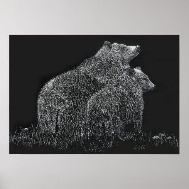 Bears Wildlife Nature Drawing Black White Poster (Front)