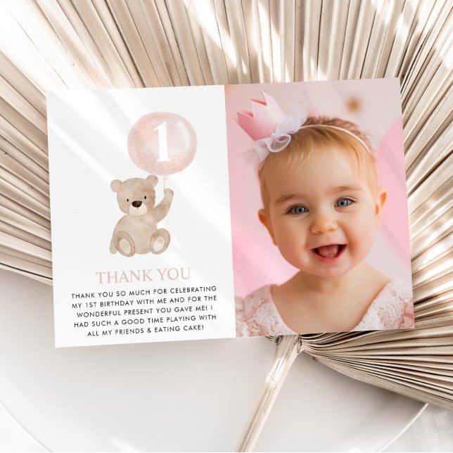 Beary 1st Birthday Bear Pink Balloon Photo Flat Thank You Card (MATCHING 1ST BIRTHDAY ITEMS AVAILABLE)