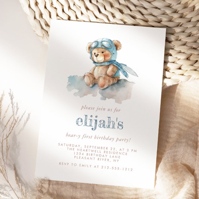 Beary 1st Birthday Blue Watercolor Teddy Bear Invitation (Creator Uploaded)