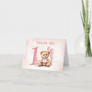 Beary 1st Birthday Pink Number Balloons Teddy Bear Thank You Card