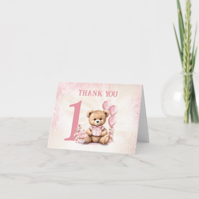Beary 1st Birthday Pink Number Balloons Teddy Bear Thank You Card (Front)