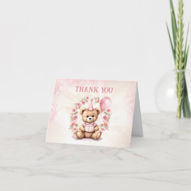 Beary 1st Birthday Pink Roses Teddy Bear Thank You Card (Front)