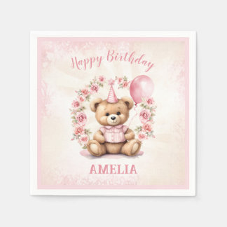 Beary 1st Birthday Pink Teddy Bear Paper Napkins