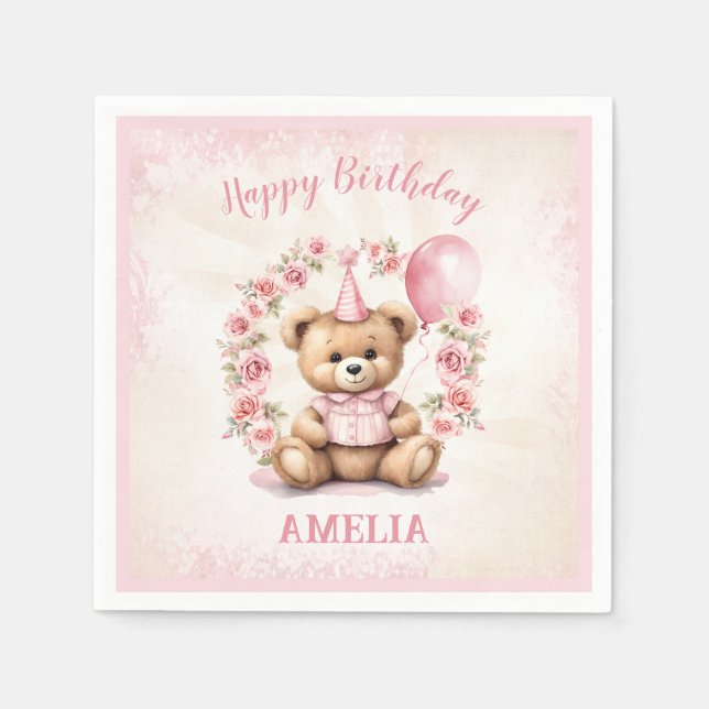 Beary 1st Birthday Pink Teddy Bear Paper Napkins (Front)