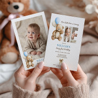 Beary 1st Birthday Teddy Bear Photo Blue Balloon