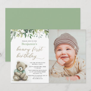Beary 1st Birthday Watercolor Teddy Bear Photo Invitation