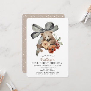 Beary 1st Grey Bow Gender-neutral 1st Birthday Invitation