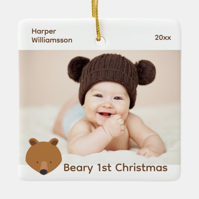 Beary 1st Photo Baby First Christmas Ceramic Ornament (Front)