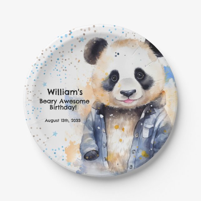 Beary Awesome Boys Watercolor Panda Birthday Paper Plate (Front)