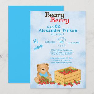Beary Berry Cute Blue Cub's Strawberries Birthday Invitation