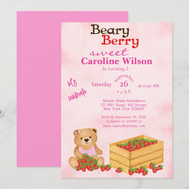 Beary Berry Sweet Pink Cub's Strawberries Birthday Invitation (Front/Back)