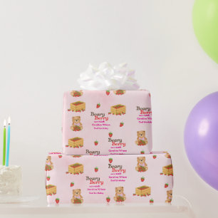 Beary Berry Sweet Pink Strawberry Cub Girly Wrapping Paper