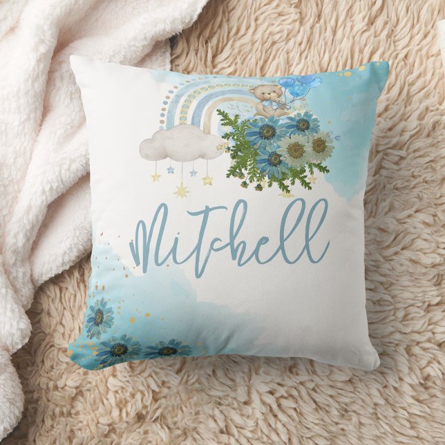 Beary Boho Rainbow Blue Balloon Personalise Cushion (Creator Uploaded)