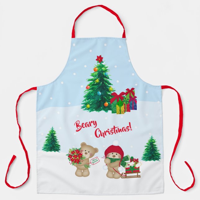 Beary Christmas! Cute Christmas Teddy Bears Scene Apron (Front)