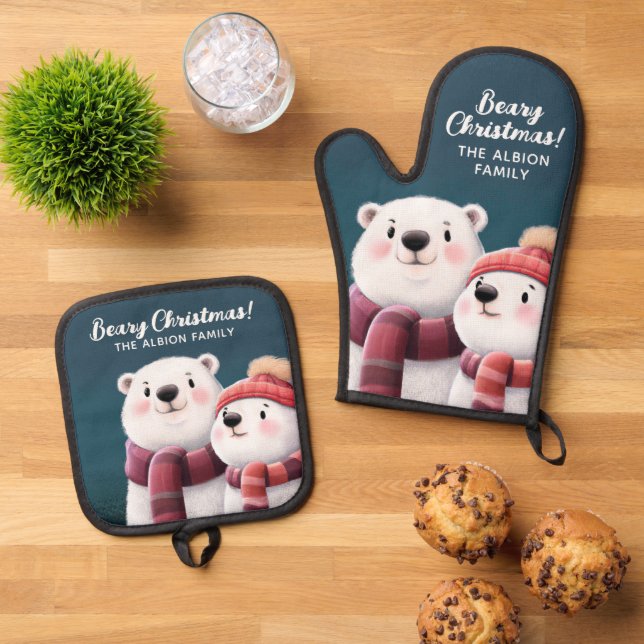Beary Christmas Cute Polar Bear Cubs Oven Mitt & Pot Holder Set (Top Down)