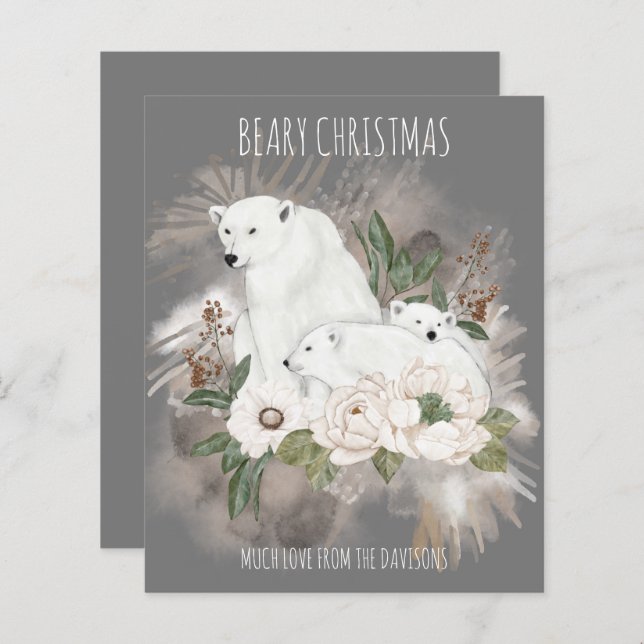 Beary Christmas Family Name Grey Polar Bear Card (Front/Back)