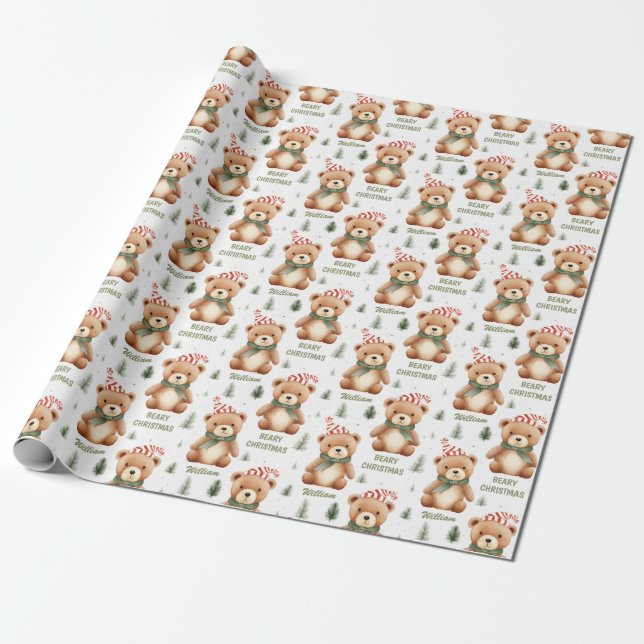 Beary Christmas Personalised Wrapping Paper | Cute (Unrolled)