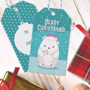 Beary Christmas Polar Bear Cute Cartoon Teal Blue Gift Tags