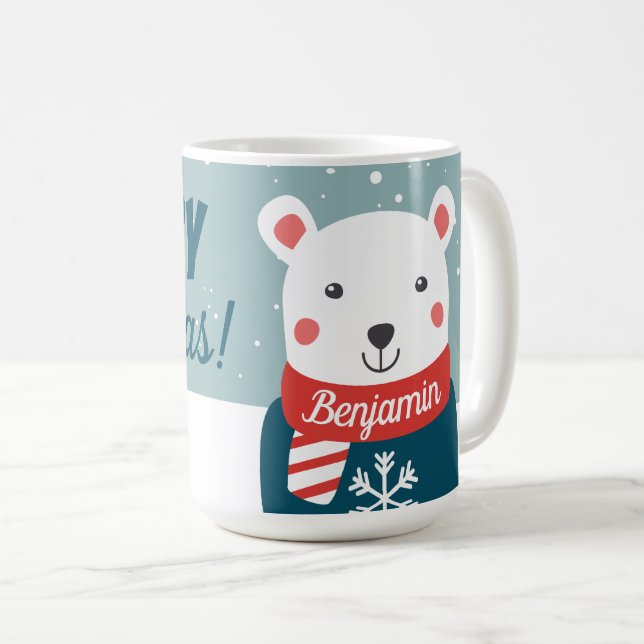 Beary Christmas with cartoon white polar bear mug (Front Right)