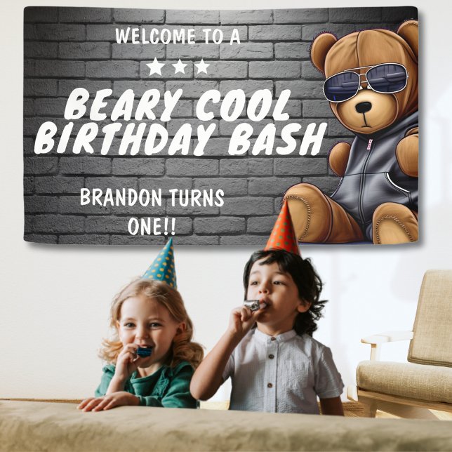 Beary Cool Hip Hop Teddy Bear First Birthday Party Banner (beary cool birthday bash banner with grey brick wall and cool hip hop teddy bear wearing sunglasses)