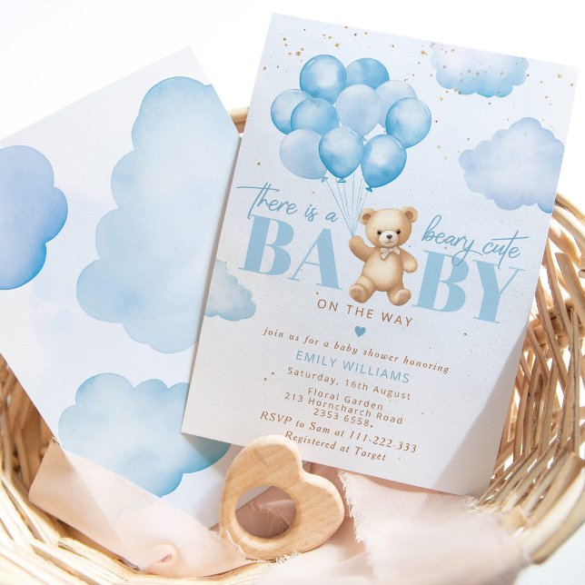 Beary cute baby on the way blue teddy bear balloon invitation (Creator Uploaded)