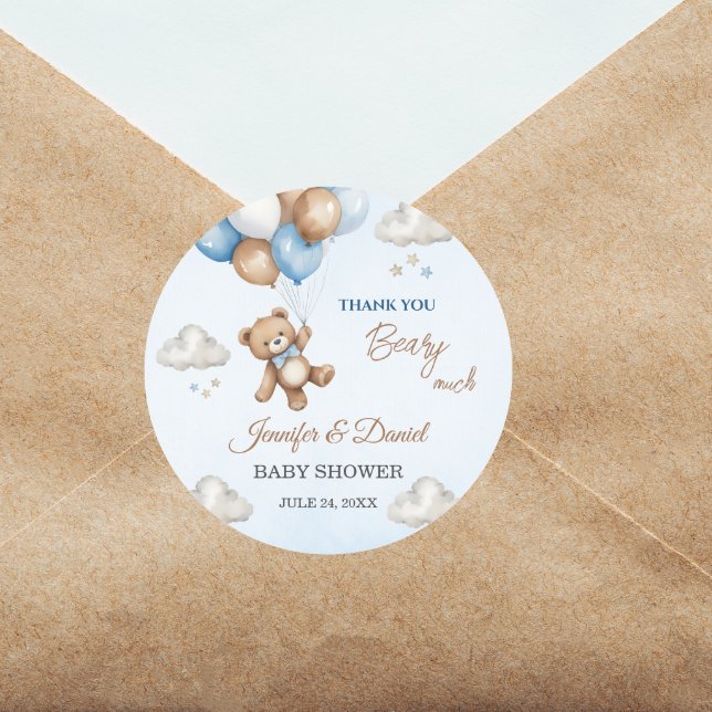 Beary Cute Blue Baby Shower Balloons Teddy Bear Classic Round Sticker (Creator Uploaded)
