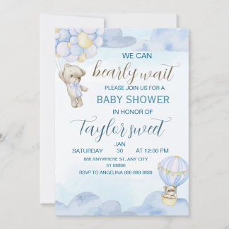 Beary Cute Blue Teddy Bear Baby Shower Invitation