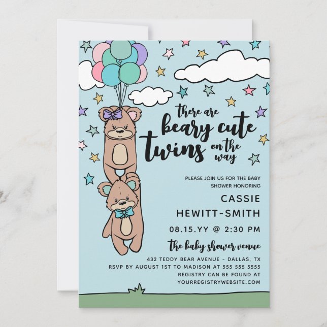 Beary Cute Boy & Girl Twin Baby Shower Invitation (Front)