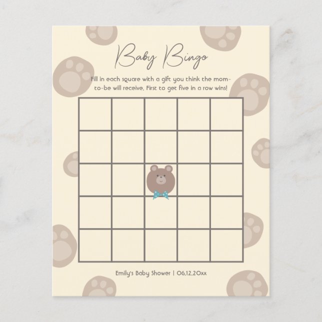 Beary Cute Brown Teddy Bear Baby Shower Bingo Game (Front)