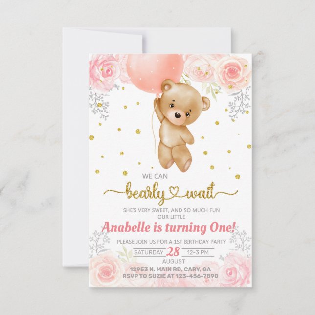 Beary cute girl first 1st birthday invitation. invitation (Front)