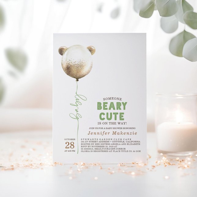 Beary Cute Gold Balloon Teddy Bear Baby Shower Invitation (Beary Cute Baby Shower Invitations Bear Themed in Green and Gold Colors)