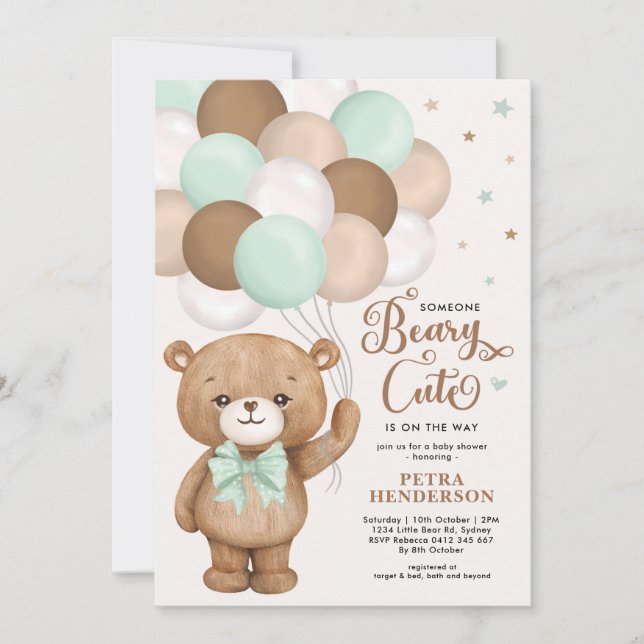 Beary Cute Green Brown Teddy Bear Baby Shower Invitation (Front)