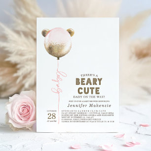 Beary Cute Pink Balloon Teddy Bear Baby Shower Inv Invitation