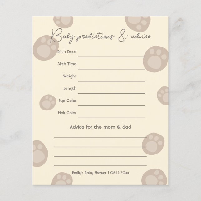 Beary Cute Teddy Bear Baby Shower Guessing Game (Front)
