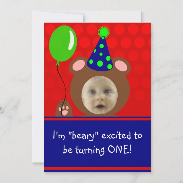 Beary Excited Bear Face Photo Birthday Party Invitation (Front)