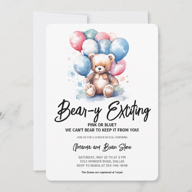Beary Exciting Bear Balloons Gender Reveal  Invitation (Front)