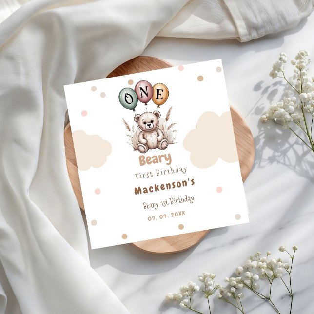 Beary First Balloon Boy 1st Birthday Teddy Bear Napkin (Creator Uploaded)