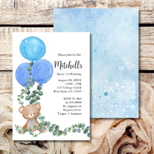 Beary First Birthday Blue Balloon Invitation