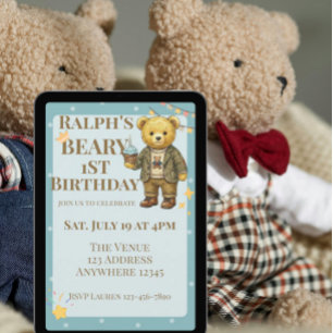 Beary First Birthday Blue Brown Dapper Bear Invitation