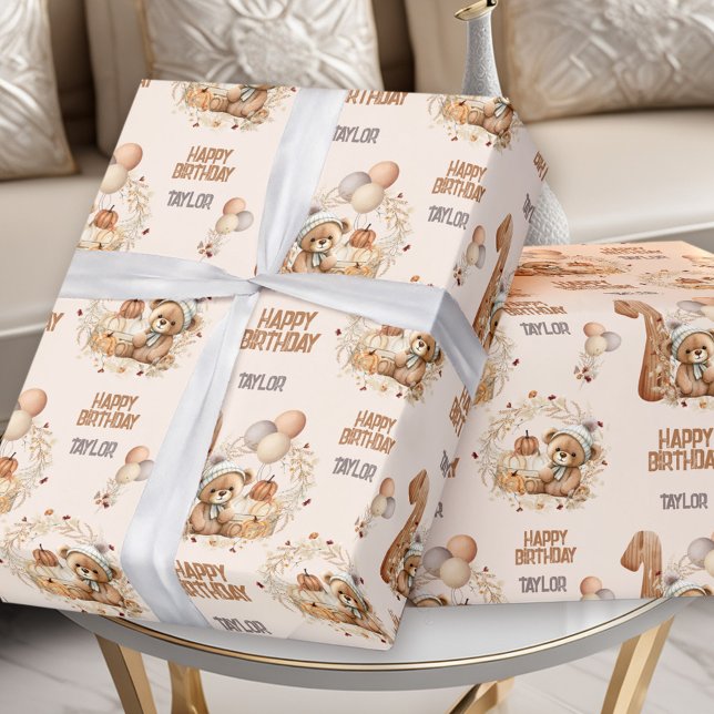 Beary First Birthday Fall Bear 1st Birthday  Wrapping Paper (Beary First Birthday Fall Bear 1st Birthday Wrapping Paper)