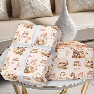 Beary First Birthday Fall Bear Girl 1st Birthday  Wrapping Paper