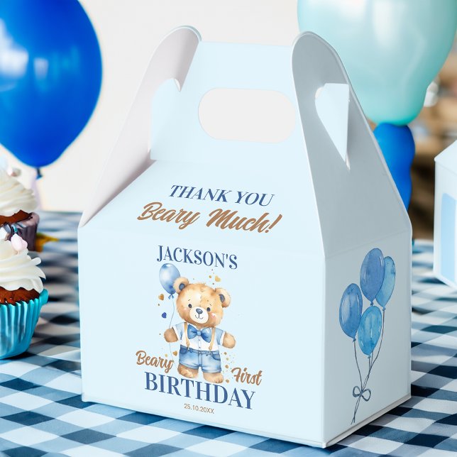Beary first birthday favour teddy bear personalise box (Beary first birthday party favors teddy bear blue personalized favor boxes )