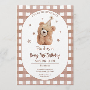 Beary First Birthday Gingham Invitation