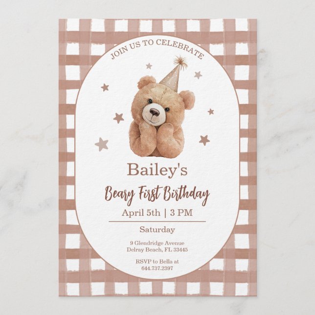 Beary First Birthday Gingham Invitation (Front)