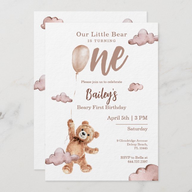 Beary First Birthday Invitation (Front/Back)