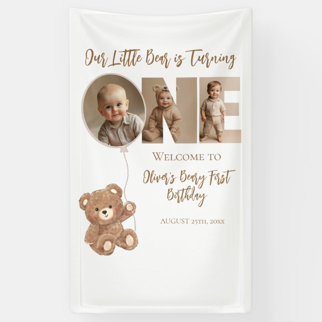 Beary First Birthday Little Bear Photo Banner (Vertical)