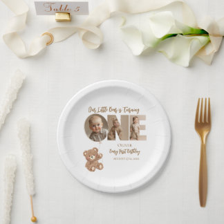Beary First Birthday Little Bear Photo Paper Plate