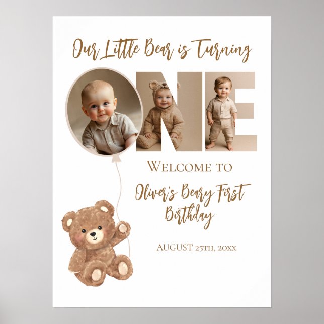 Beary First Birthday Little Bear Photo Welcome Poster (Front)