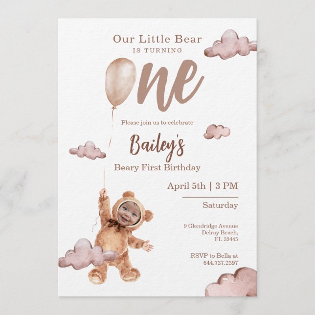 Beary First Birthday Photo Invitation (Front)